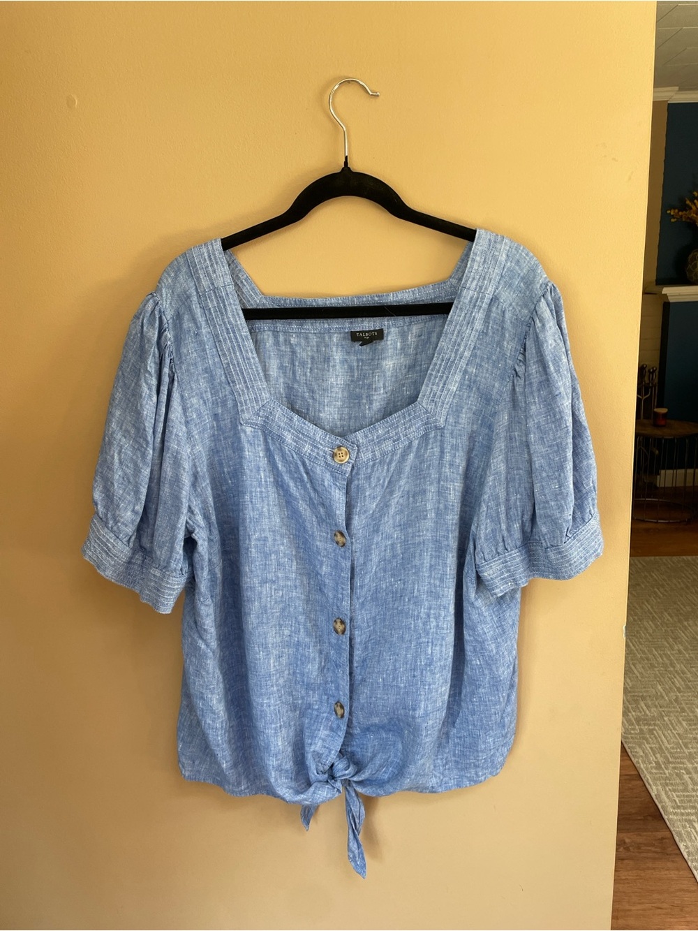 Talbots Linen Button Down Blouse Size 3X Puff‎ Sleeve Chambray Blue Square Neck